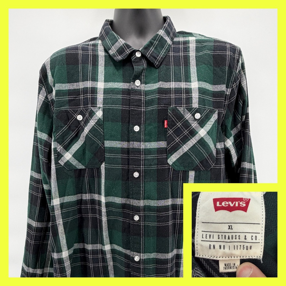 Levi's Men's XL Plaid Flannel Shirt Green Black White Long Sleeve Cotton‎ Button